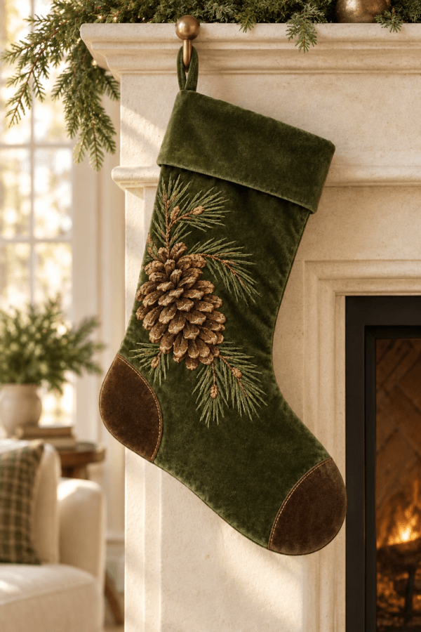 Pinecone Velvet — Christmas Stockings in moss velvet, cocoa, gold in a styled setting — design visualization