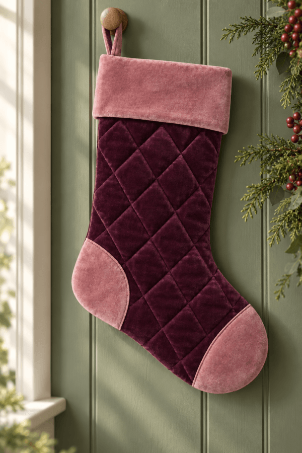 Diamond Heirloom — Christmas Stockings in plum, soft rose in a styled setting — design visualization