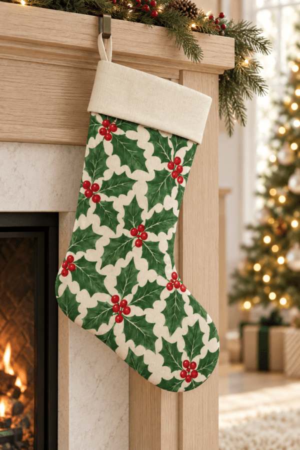 Holly Allover — Christmas Stockings in green, red, cream in a styled setting — design visualization
