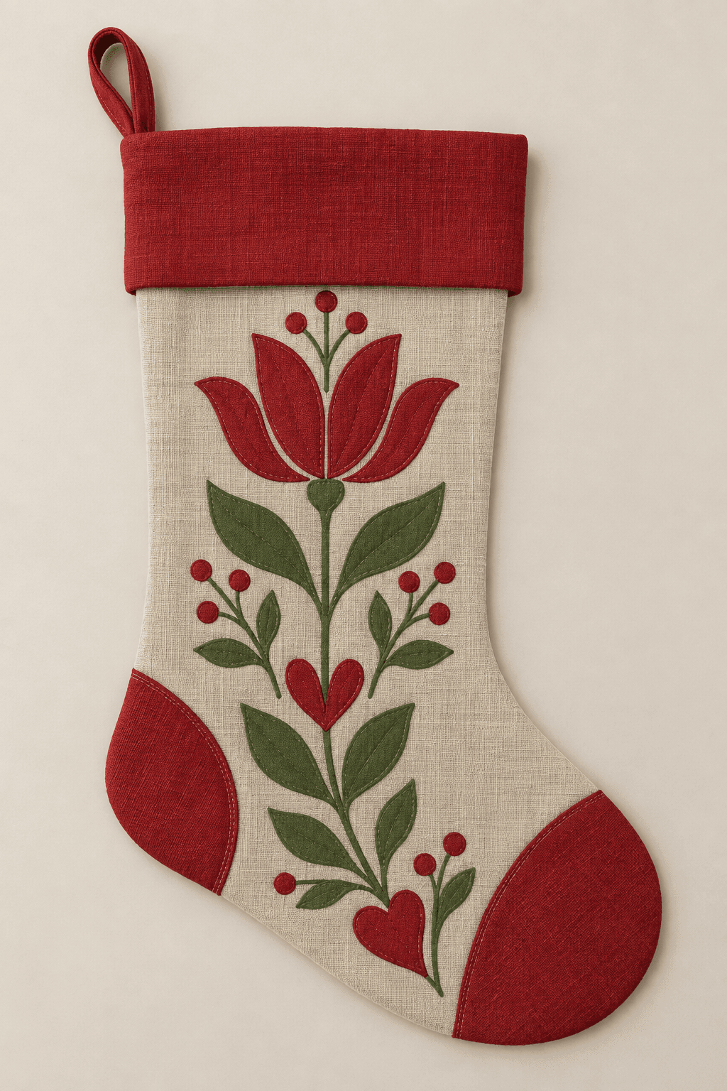 Nordic Bloom — Christmas Stockings in red, green, flax — design visualization