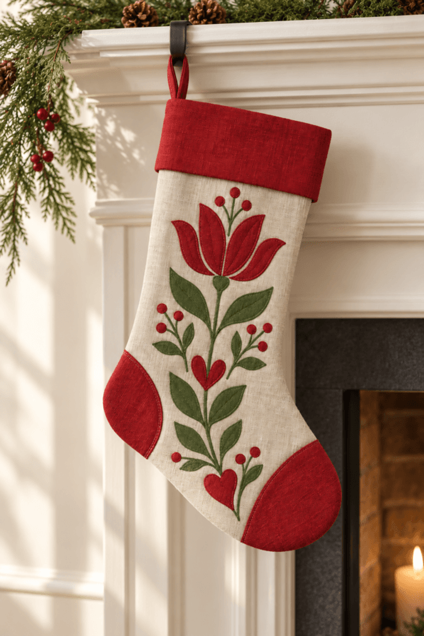 Nordic Bloom — Christmas Stockings in red, green, flax in a styled setting — design visualization