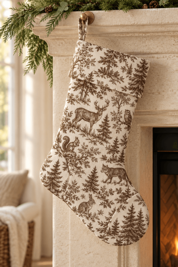 Woodland Toile — Christmas Stockings in cocoa, ivory in a styled setting — design visualization