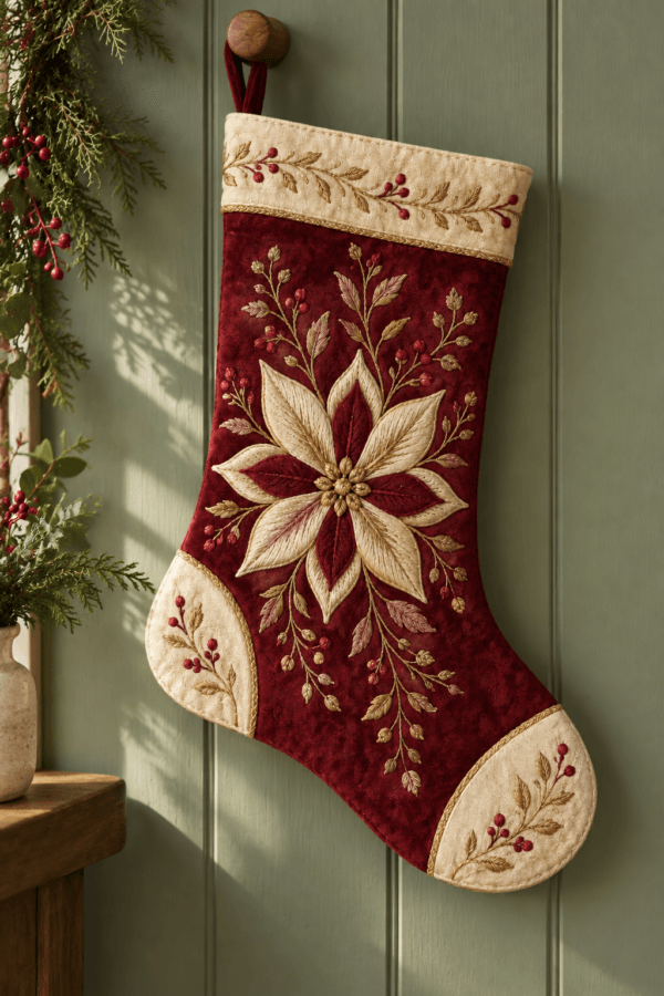 Winter Rosette — Christmas Stockings in burgundy, gold, cream in a styled setting — design visualization