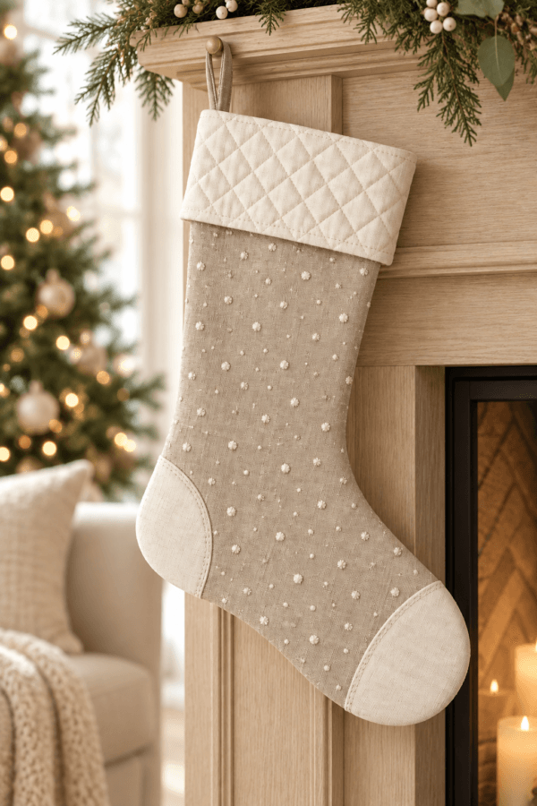 Snowfall Linen — Christmas Stockings in natural flax, cream in a styled setting — design visualization
