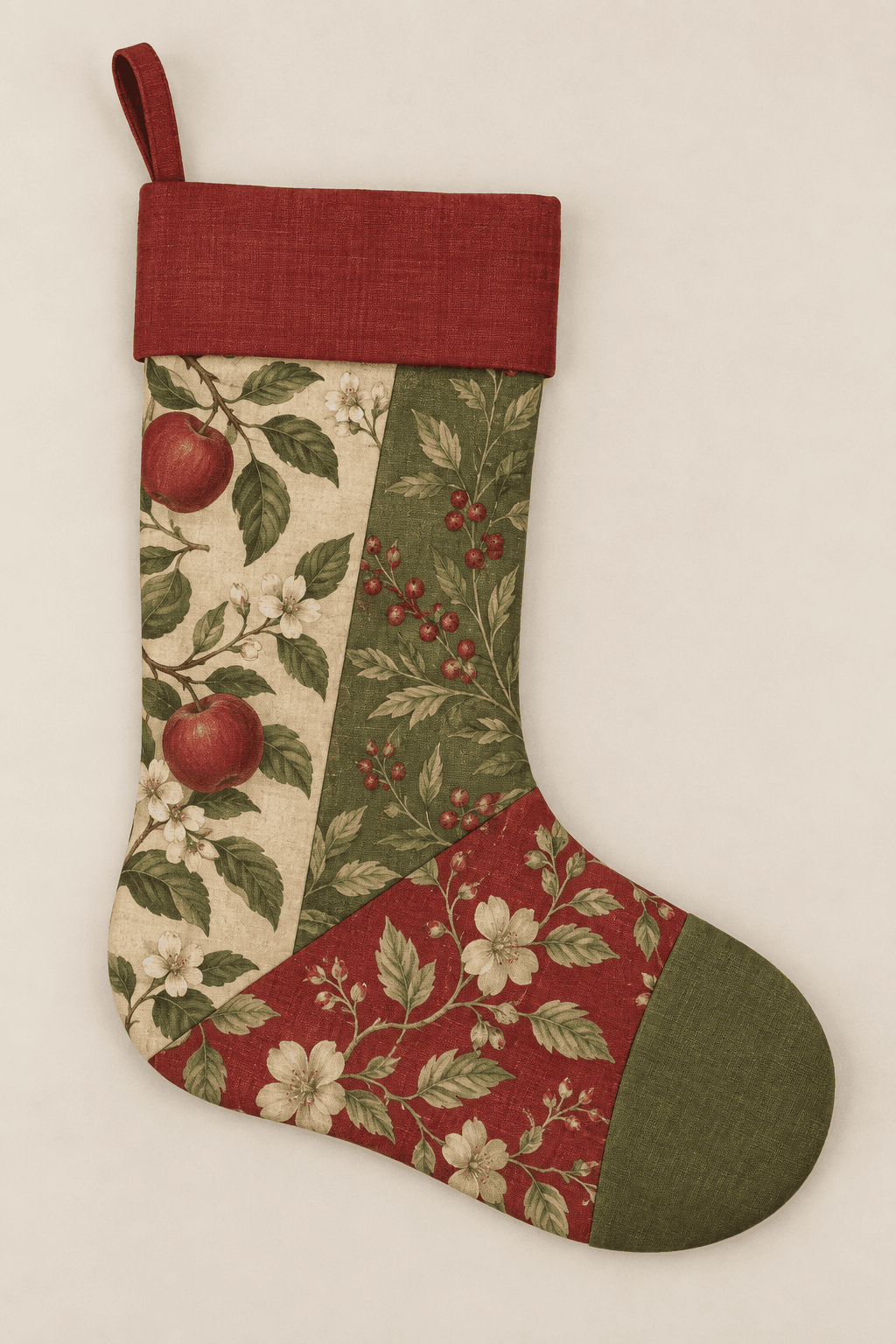 Orchard Patchwork — Christmas Stockings in brick red, olive, parchment — design visualization