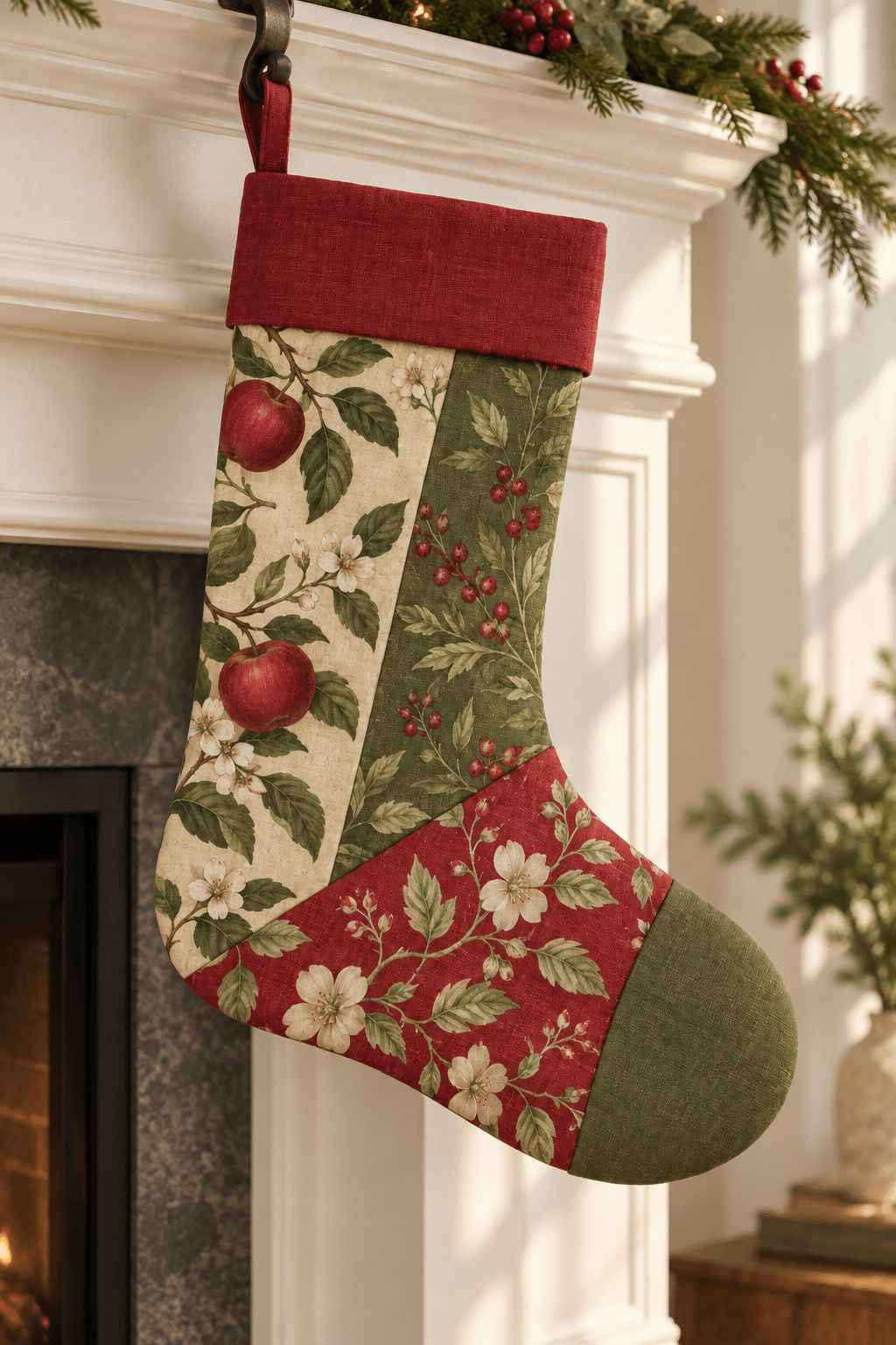 Orchard Patchwork — Christmas Stockings in brick red, olive, parchment in a styled setting — design visualization