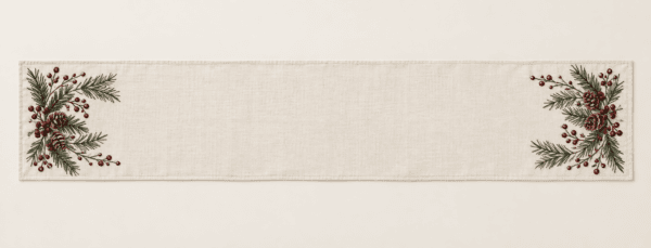 Pine & Berry Table Runner in warm ivory, evergreen and burgundy — design visualization