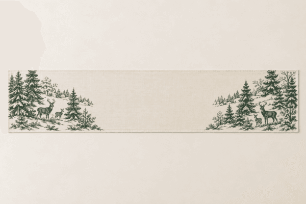 Winter Toile Table Runner in ivory and evergreen — design visualization