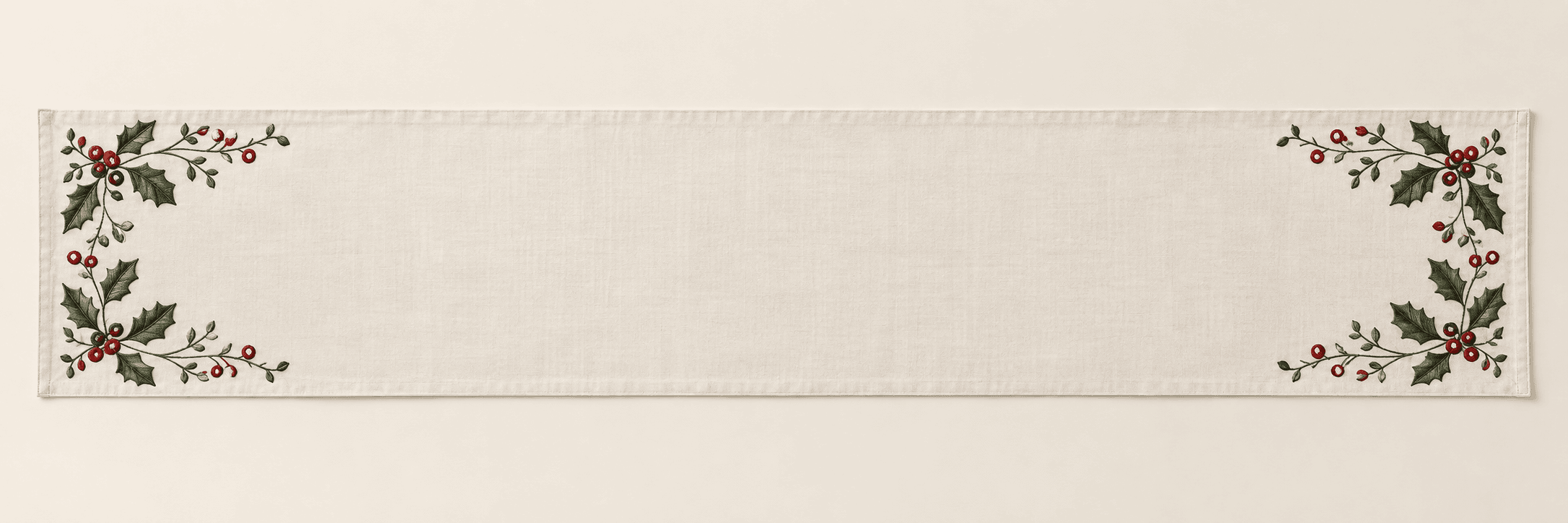 Holly Border Table Runner in ivory, red and green — design visualization