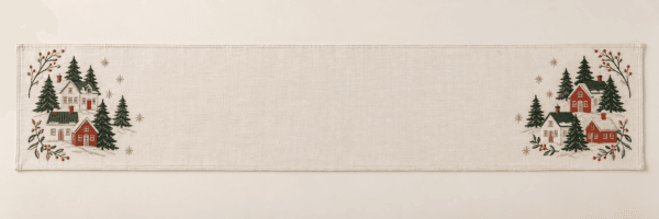 Candlelit Village Table Runner in cream, forest green and brick red — design visualization