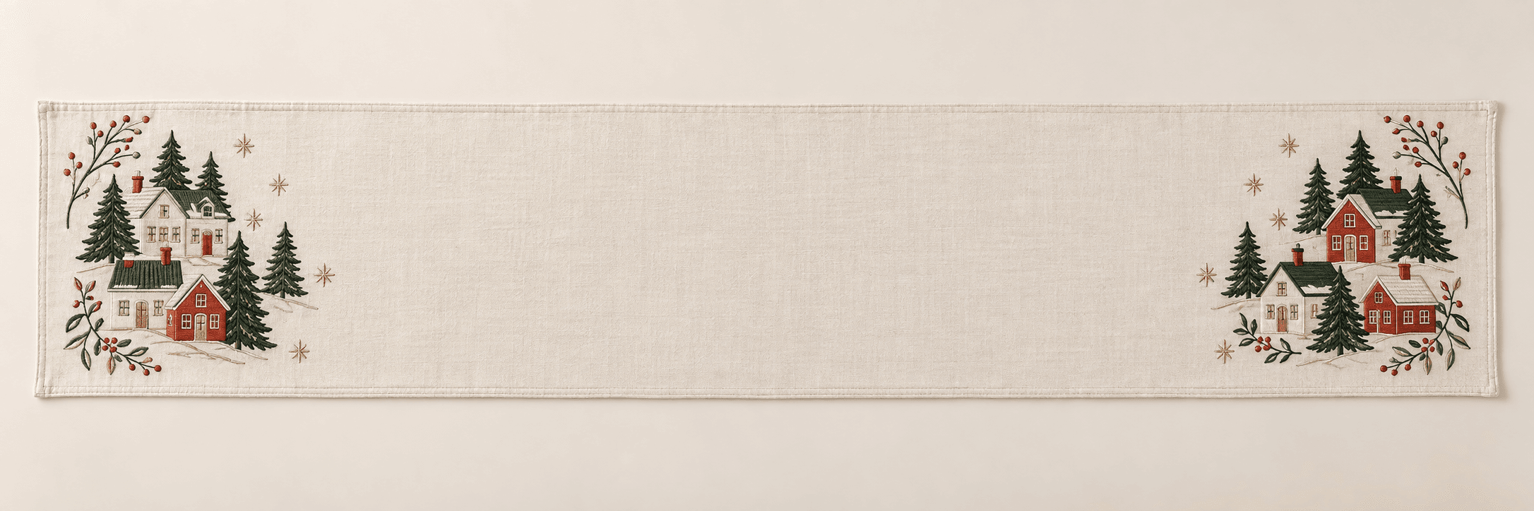 Candlelit Village Table Runner in cream, forest green and brick red — design visualization