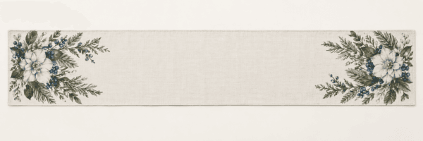 Blue Winter Garden Table Runner in warm white, muted blue and olive — design visualization