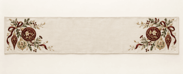 Heirloom Ornament Table Runner in ivory, burgundy and muted gold — design visualization