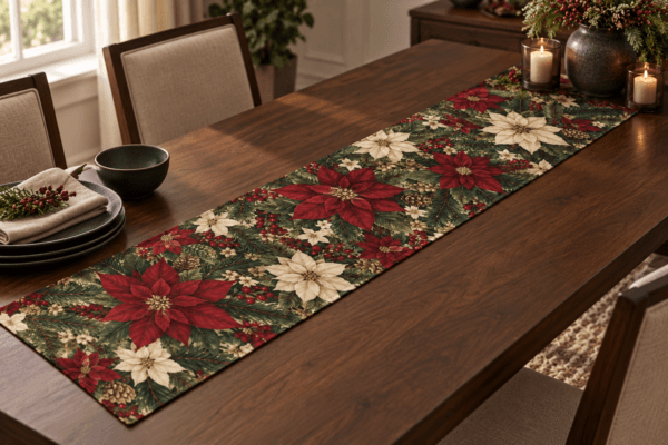 Winter Canopy — Table Runners in wine red, fir green, ivory, antique gold in a styled setting — design visualization