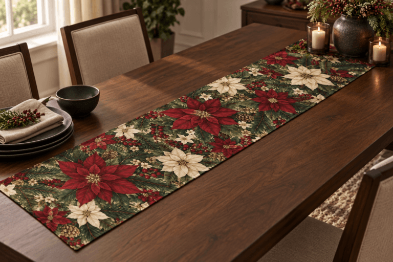 Winter Canopy — Table Runners in wine red, fir green, ivory, antique gold in a styled setting — design visualization