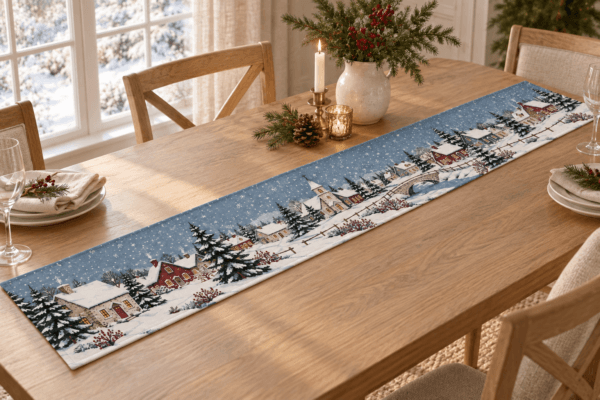 Village Under Snow — Table Runners in dusty blue, cranberry, pine, cream in a styled setting — design visualization
