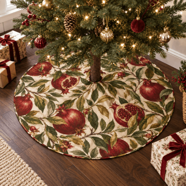 Winter Orchard — Christmas Tree Skirts in burgundy, olive, antique gold, ivory in a styled setting — design visualization