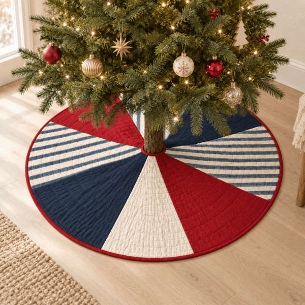 Starburst Quilt — Christmas Tree Skirts in red, indigo, cream in a styled setting — design visualization