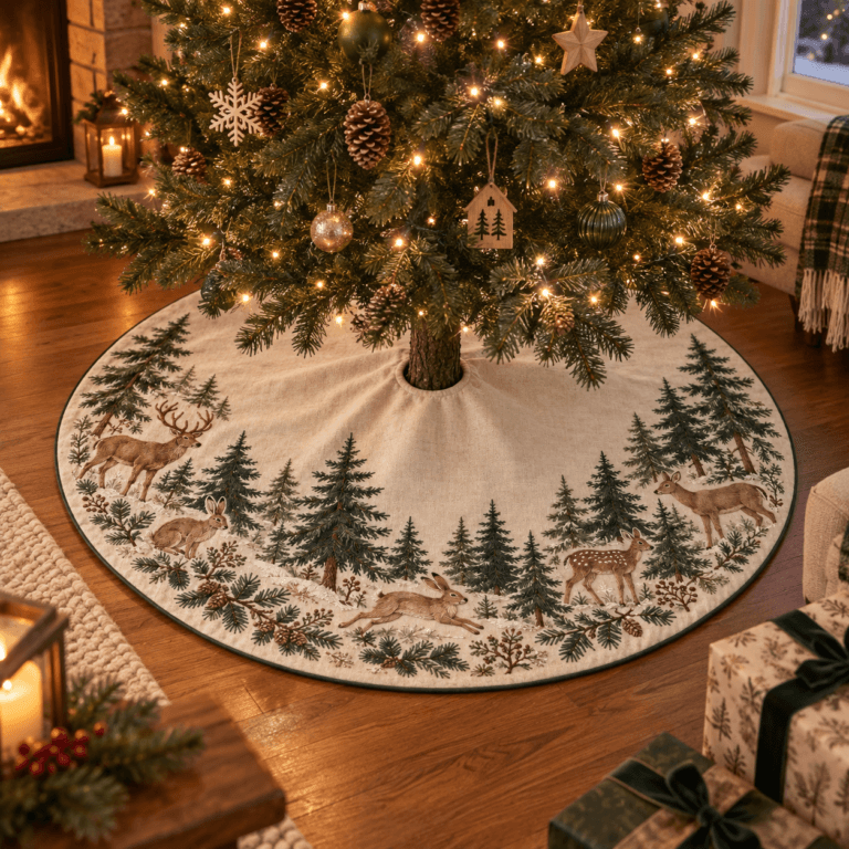 Forest Ring — Christmas Tree Skirts in pine, cocoa, ivory in a styled setting — design visualization