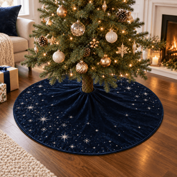 Velvet Nightfall — Christmas Tree Skirts in midnight blue, muted silver in a styled setting — design visualization