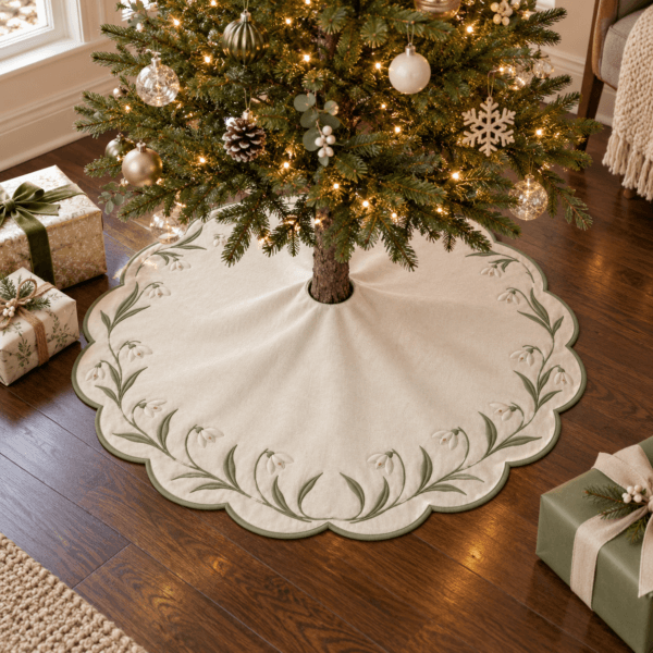 Snowdrop Scallop — Christmas Tree Skirts in ivory, sage in a styled setting — design visualization