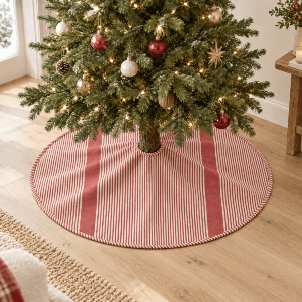 Cranberry Ticking — Christmas Tree Skirts in cranberry, cream in a styled setting — design visualization