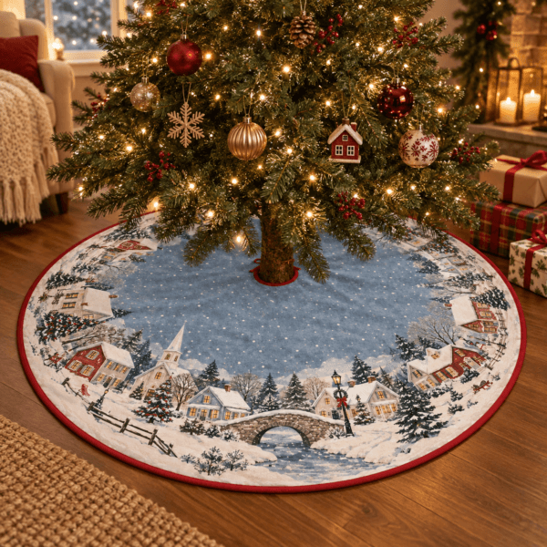 Village Circle — Christmas Tree Skirts in dusty blue, red, cream in a styled setting — design visualization