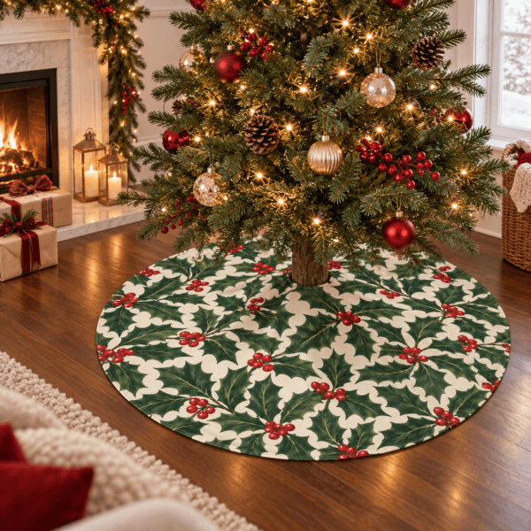 Holly Grove — Christmas Tree Skirts in deep green, red, ivory in a styled setting — design visualization