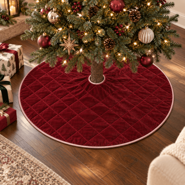 Heirloom Diamonds — Christmas Tree Skirts in oxblood, dusty pink in a styled setting — design visualization