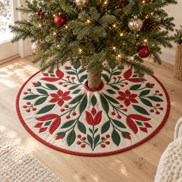 Nordic Garden — Christmas Tree Skirts in red, natural flax, dark green in a styled setting — design visualization