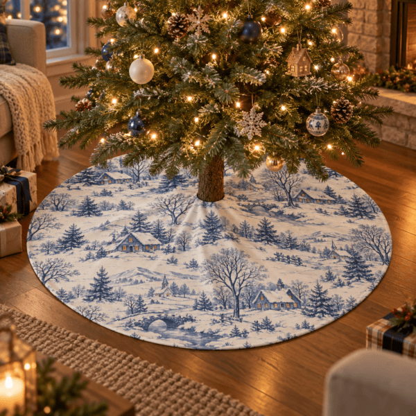 Blue Winter Toile — Christmas Tree Skirts in blue, ivory in a styled setting — design visualization