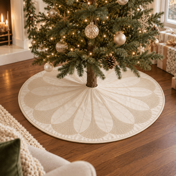 Golden Fan — Christmas Tree Skirts in champagne, warm ivory in a styled setting — design visualization