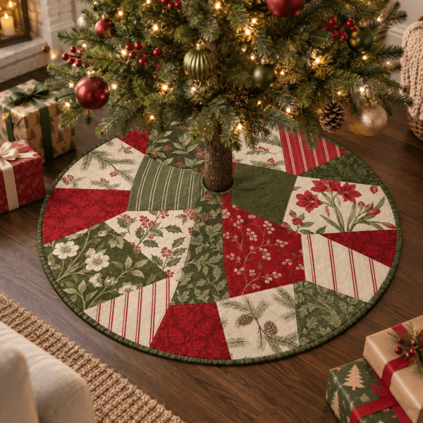 Patchwork Meadow — Christmas Tree Skirts in moss, red, flax in a styled setting — design visualization