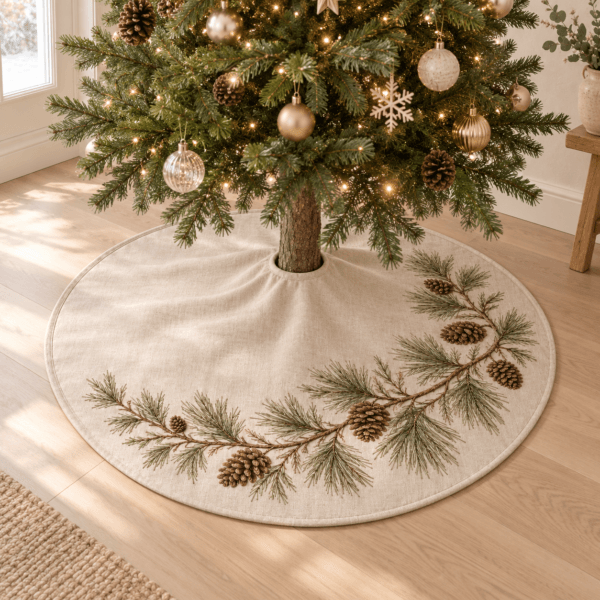 Pinecone Trail — Christmas Tree Skirts in cocoa, olive, natural linen in a styled setting — design visualization