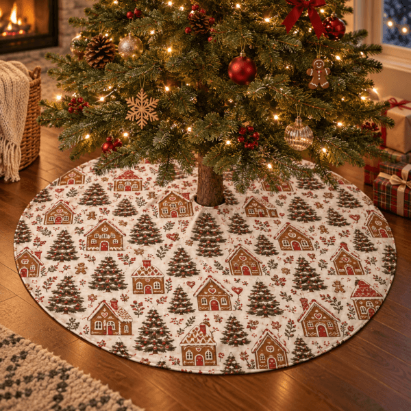 Gingerbread Garden — Christmas Tree Skirts in cocoa, ivory, faded red in a styled setting — design visualization