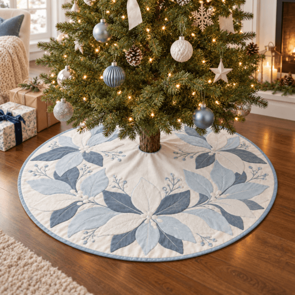 Frosted Petals — Christmas Tree Skirts in ice blue, pearl, slate in a styled setting — design visualization