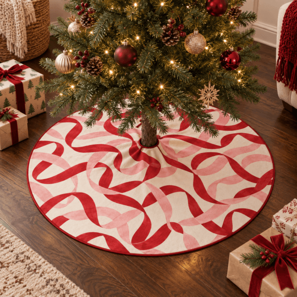 Ribbon Waltz — Christmas Tree Skirts in red, pink, cream in a styled setting — design visualization