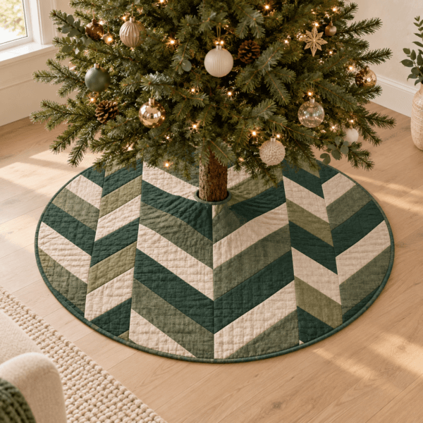 Woodland Herringbone — Christmas Tree Skirts in pine, moss, flax in a styled setting — design visualization