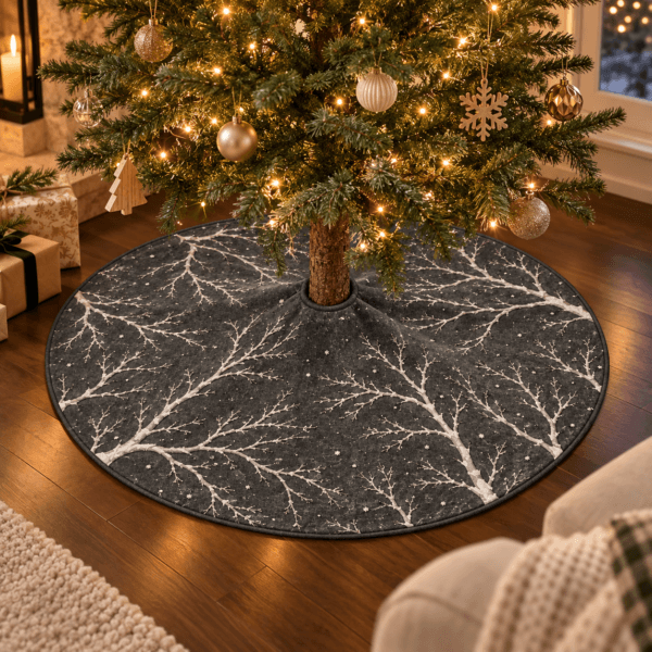 Snowy Branches — Christmas Tree Skirts in charcoal, warm white in a styled setting — design visualization