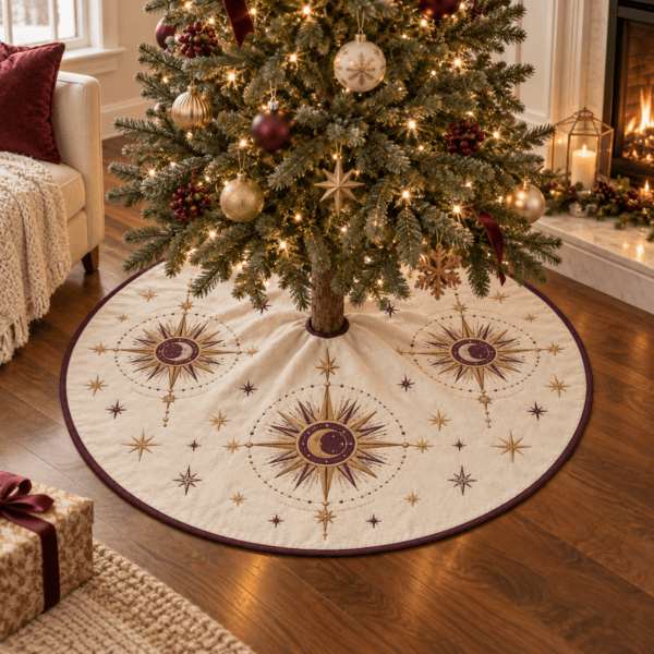 Celestial Medallions — Christmas Tree Skirts in plum, muted gold, ivory in a styled setting — design visualization