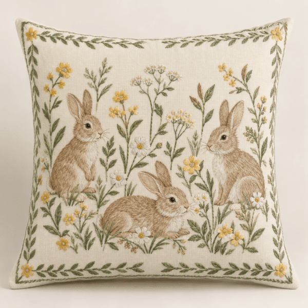 Meadow Rabbit Decorative Pillow Cover in ivory, sage and butter yellow — design visualization