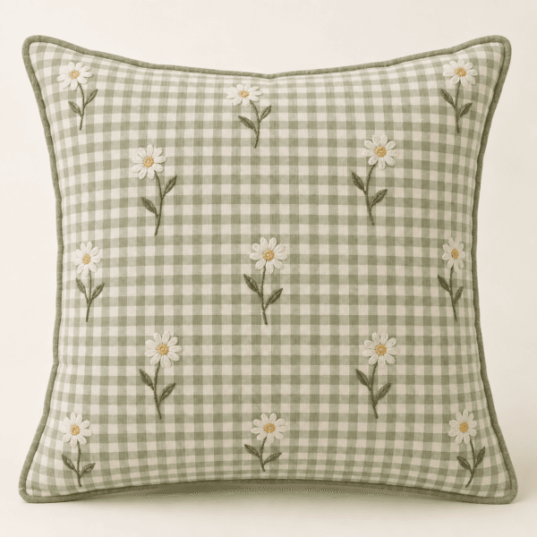 Spring Gingham Decorative Pillow Cover in cream and sage — design visualization