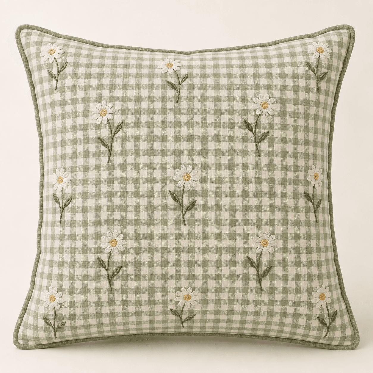Spring Gingham Decorative Pillow Cover in cream and sage — design visualization