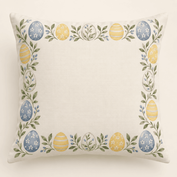 Painted Egg Border Decorative Pillow Cover in ivory, dusty blue, yellow and sage — design visualization
