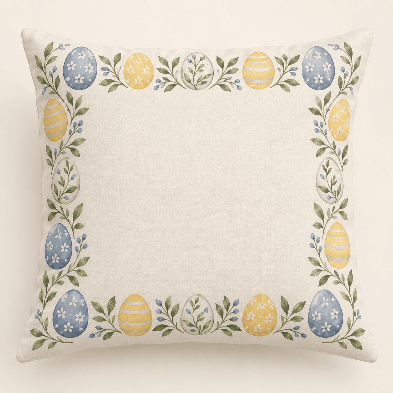 Painted Egg Border Decorative Pillow Cover in ivory, dusty blue, yellow and sage — design visualization