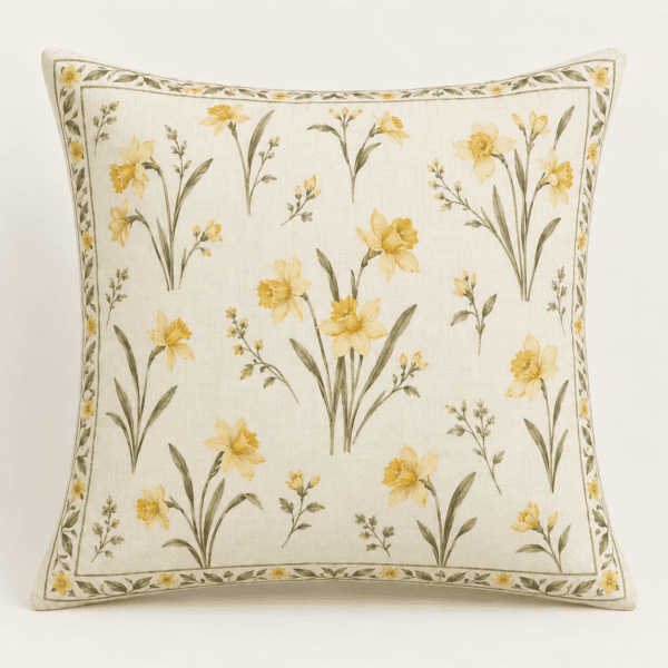 Daffodil Morning Decorative Pillow Cover in cream, yellow and olive — design visualization