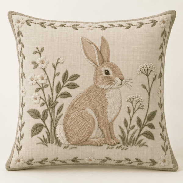 Garden Bunny Decorative Pillow Cover in flax, cream and muted green — design visualization