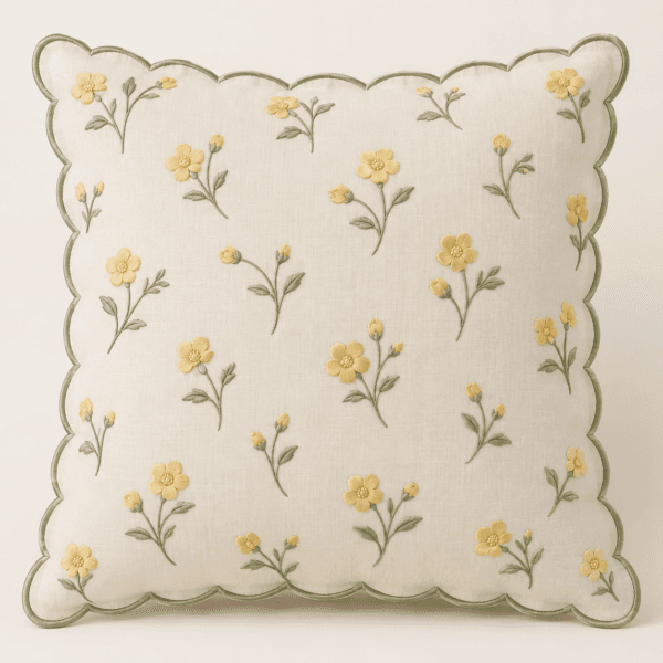 Buttercup Scallop Decorative Pillow Cover in butter yellow, ivory and sage — design visualization