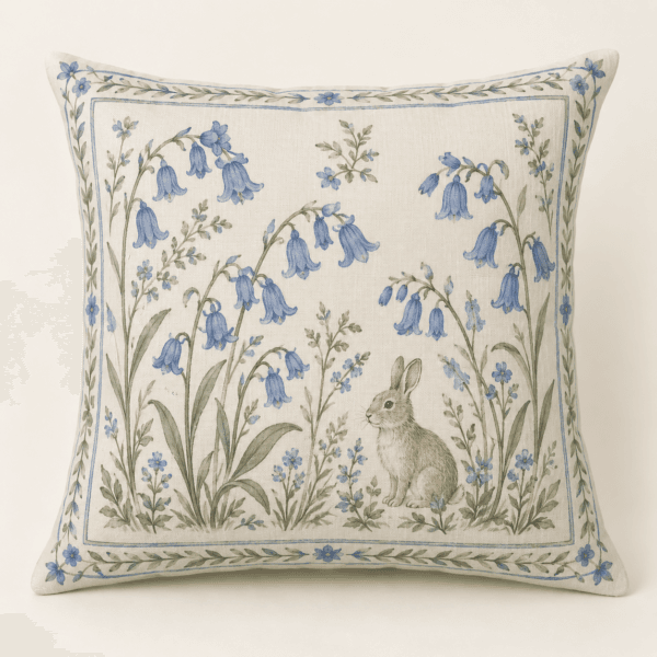 Bluebell Meadow Decorative Pillow Cover in ivory, cornflower blue and sage — design visualization