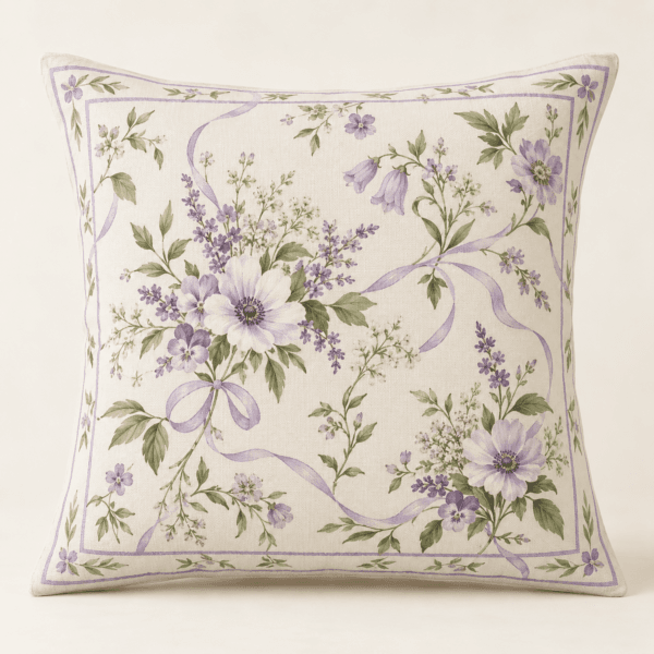 Wildflower Ribbon Decorative Pillow Cover in warm white, lilac and green — design visualization